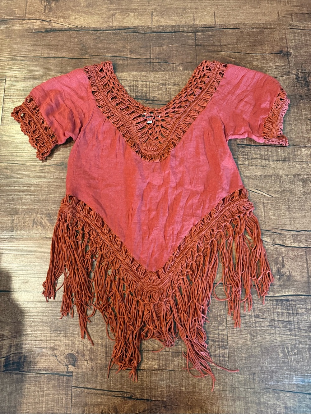 ViVI Rust Orange Crochet Fringe V-Neck Top